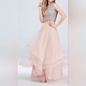 Lace Top with Crystal Belted Skirt Two Piece Set. Perfect for any special day!